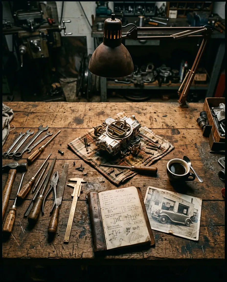 A workbench with vintage tools, a disassembled chrome carburetor, notes and an old photo