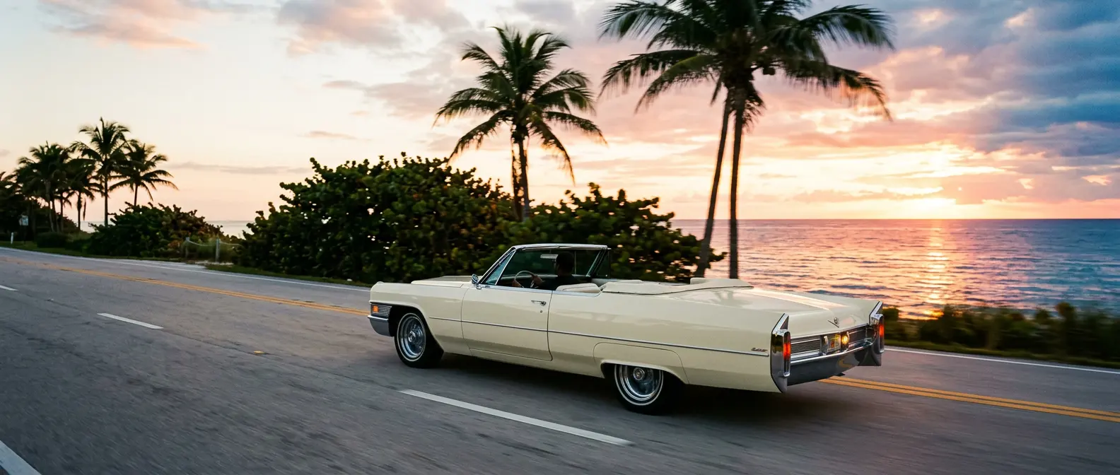 A restored cream convertible cruising an oceanfront road lined with palms and sea grape at sunrise