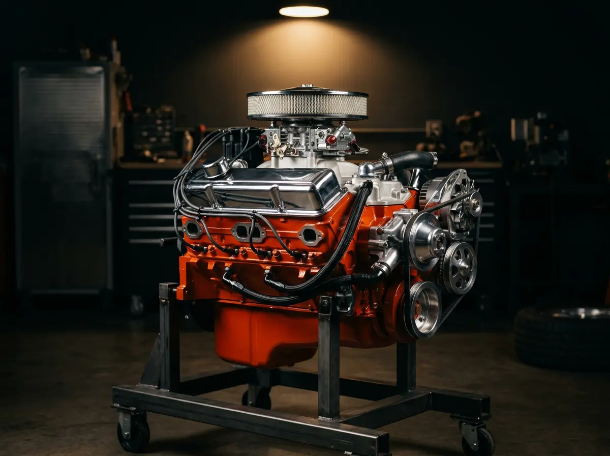 A freshly rebuilt orange V8 engine with chrome valve covers on an engine stand