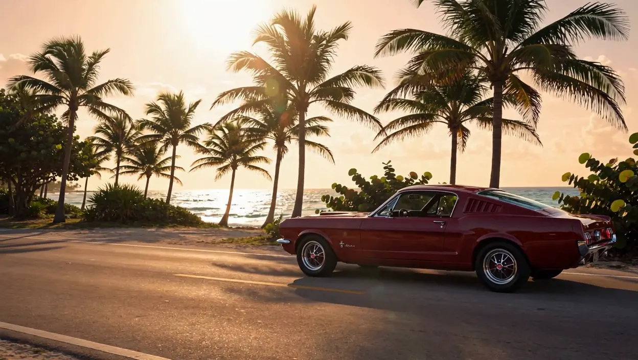 A restored red 1960s fastback parked on a palm-lined oceanfront road at golden hour