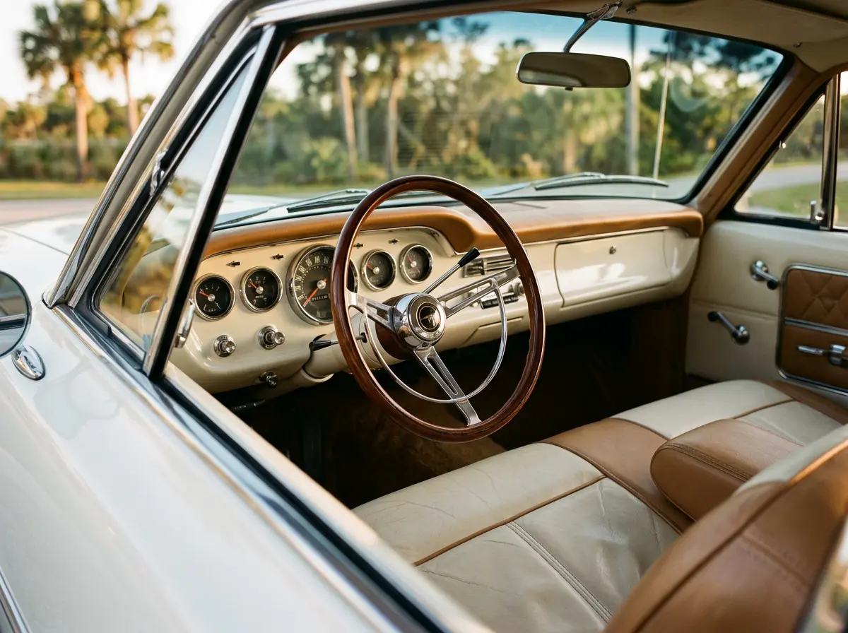 A restored classic car interior with cream leather bench seats and a wood steering wheel in warm sunlight