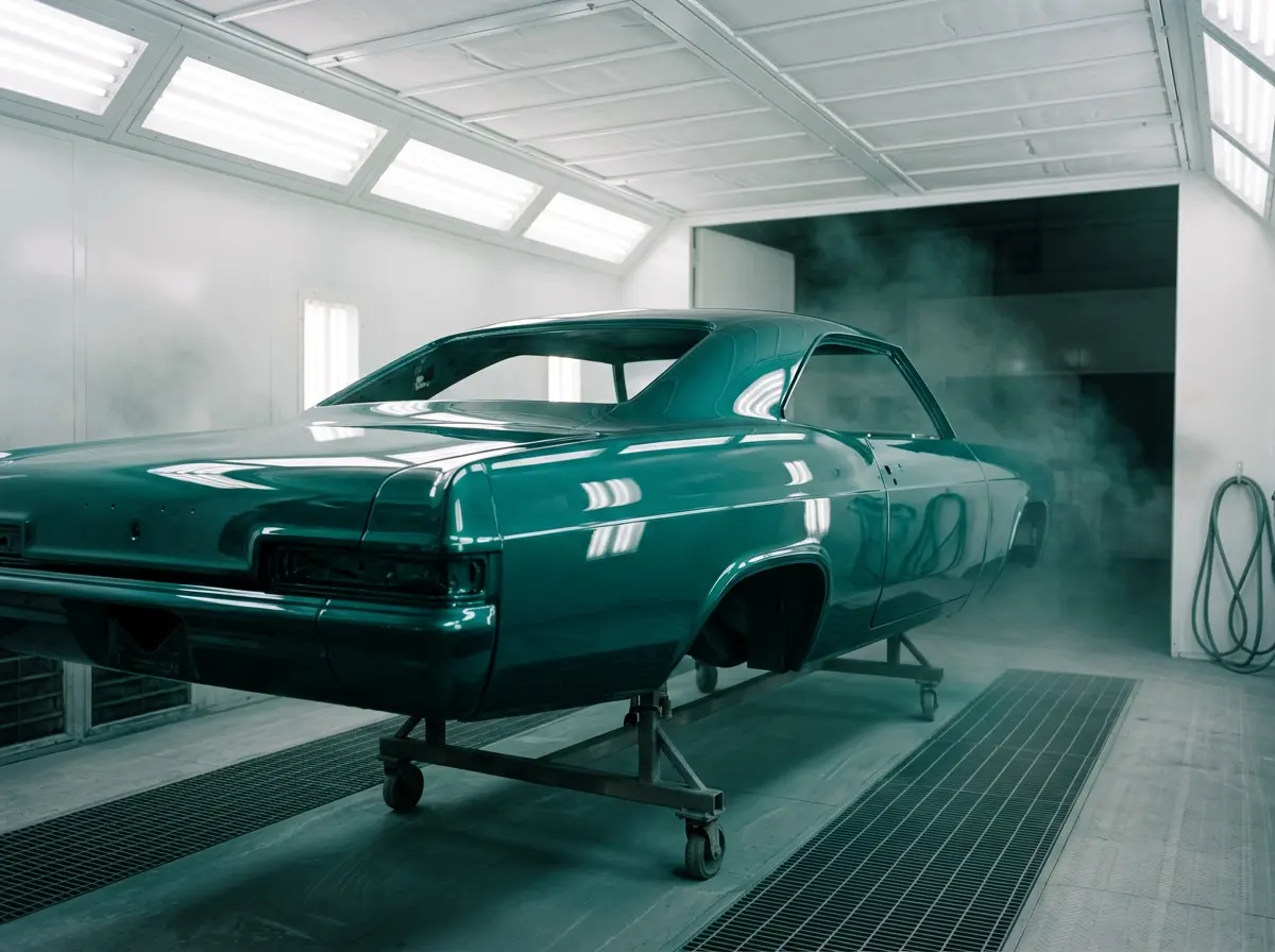 A classic car body freshly painted deep teal in a clean paint booth