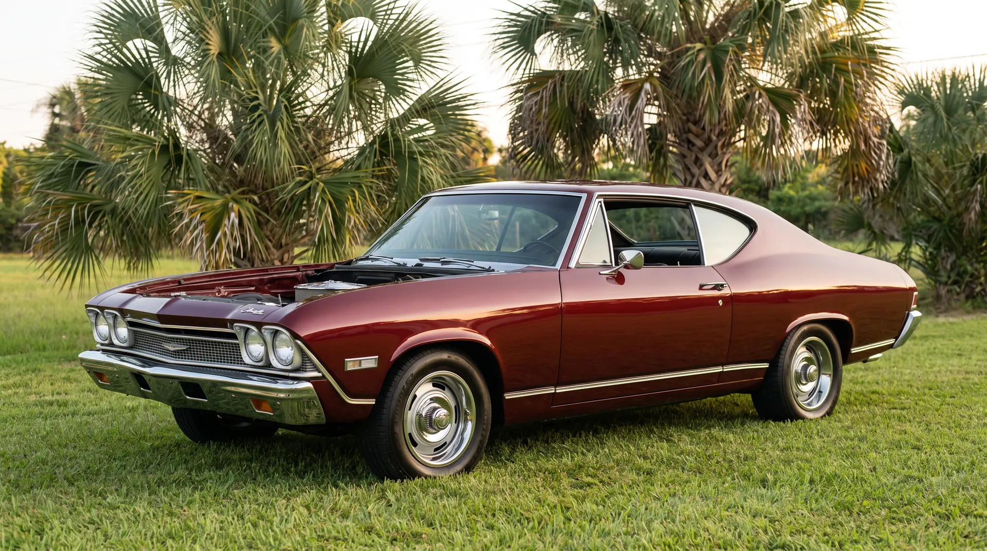 After: the coupe restored in glossy oxblood red on a green lawn under palms