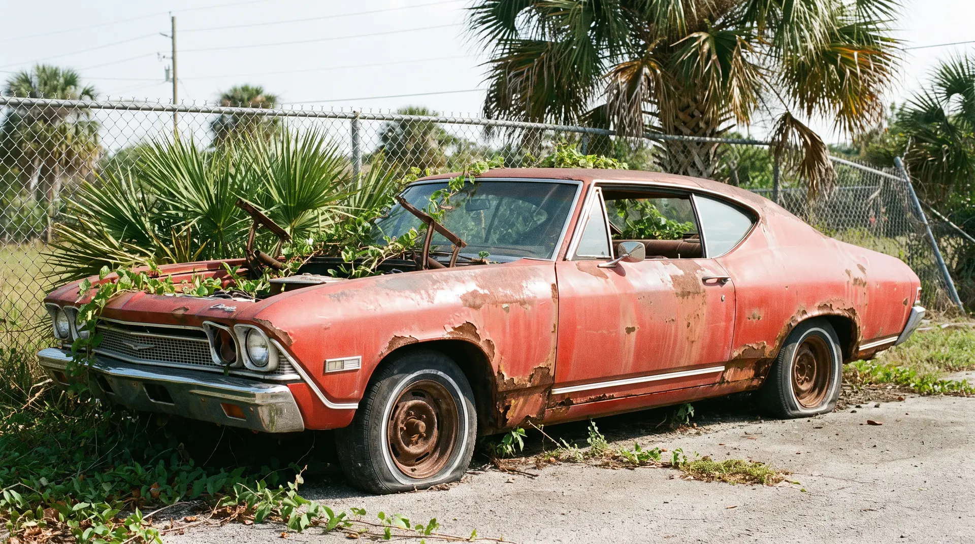 Before: a rusted red 1960s coupe overgrown with vines and saw palmetto behind a chain-link fence