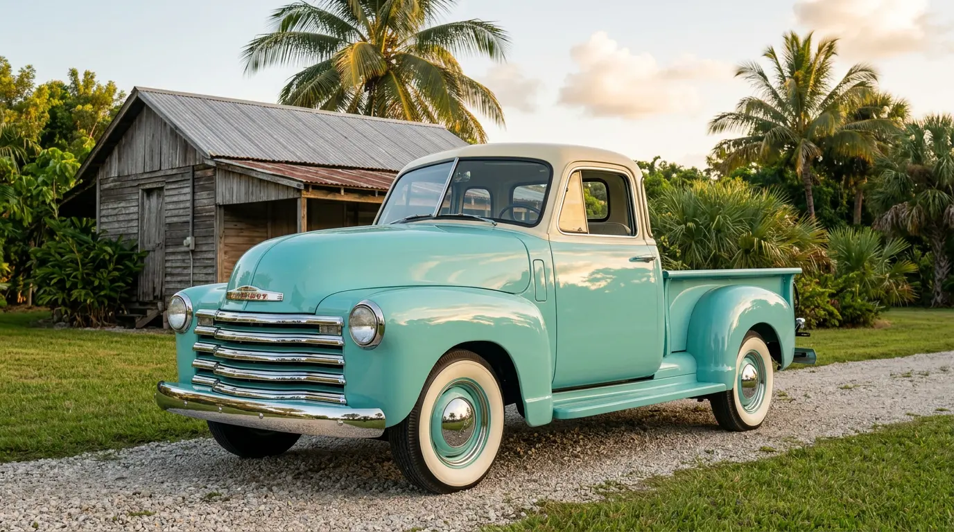 After: the pickup restored in turquoise with a cream roof and whitewall tires