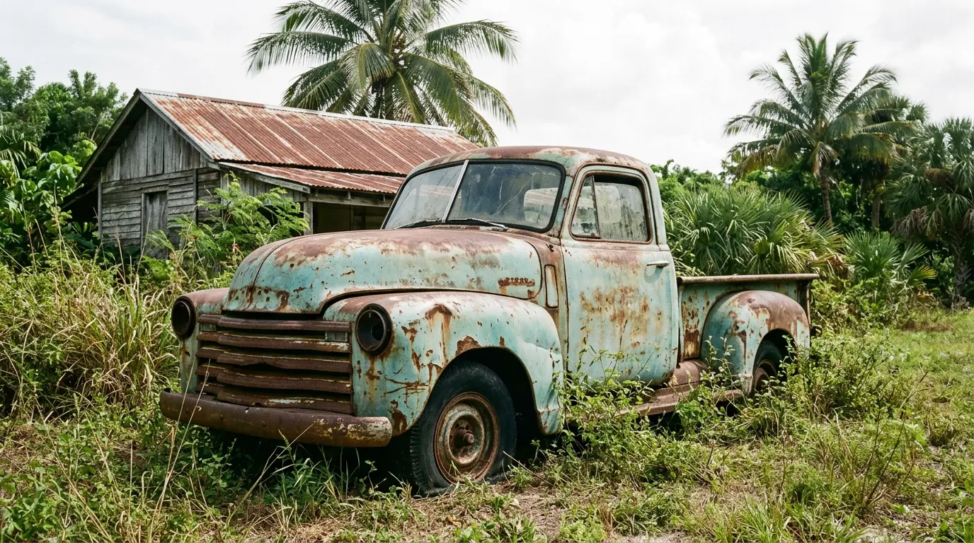 Before: a rusted 1950s pickup truck in tall grass beside a tin-roof shed