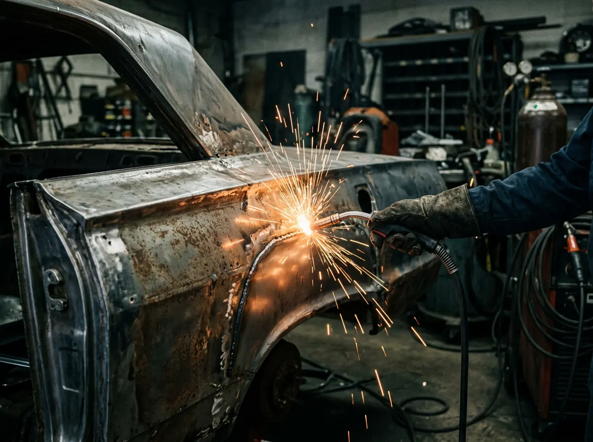 Gloved hands MIG-welding a new steel patch into a rusted quarter panel, sparks flying